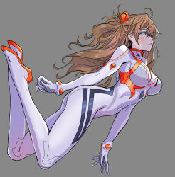  absurdres blue_eyes breasts brown_hair evangelion:_3.0+1.0_thrice_upon_a_time eyepatch female floating_hair full_body gloves highres long_hair neon_genesis_evangelion parted_lips plugsuit rebuild_of_evangelion simple_background solo souryuu_asuka_langley white_hair yamashita_shun&#039;ya 