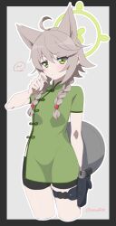  ahoge alternate_hairstyle animal_ear_fluff animal_ears bike_shorts black_shorts blue_archive blush border braid breasts china_dress chinese_clothes commentary_request cowboy_shot cropped_legs dress female fox_ears green_dress green_eyes green_halo grey_background grey_border gun hair_between_eyes halo handgun highres holster light_brown_hair long_hair looking_at_viewer low_twin_braids microdress minowa_sukyaru otogi_(blue_archive) outline outside_border pout scratching_cheek shorts sidelocks small_breasts solo speech_bubble spoken_blush standing thigh_strap twin_braids twitter_username weapon weapon_request white_outline 