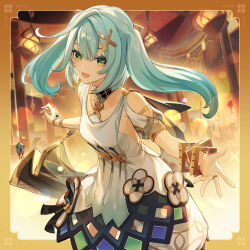  :d absurdres aqua_hair armpit_cutout bare_shoulders border bracelet breasts chinese_commentary clothing_cutout commentary_request cowboy_shot dress faruzan_(genshin_impact) female genshin_impact green_eyes highres jewelry long_hair looking_at_viewer official_art open_mouth orange_border outside_border puffy_short_sleeves puffy_sleeves short_sleeves shoulder_cutout small_breasts smile solo standing twintails white_dress 