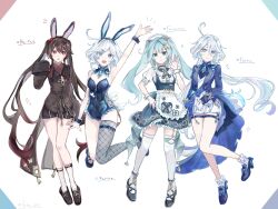  3girls :d absurdres ahoge alternate_costume animal_ears apron aqua_hair arm_up armpits artist_name ascot asymmetrical_gloves black_footwear black_gloves black_shorts blue_ascot blue_dress blue_eyes blue_footwear blue_hair blue_jacket blue_leotard breasts brown_coat brown_hair bunny_day cleavage coat dated dress drop-shaped_pupils facial_mark fake_animal_ears fake_wings faruzan_(cafe)_(genshin_impact) faruzan_(genshin_impact) fishnet_cutout fishnet_thighhighs fishnets flower-shaped_pupils frilled_apron frills full_body furina_(genshin_impact) genshin_impact gloves green_eyes hair_between_eyes hand_up heart heart_facial_mark heterochromia highleg highleg_leotard highres hu_tao_(genshin_impact) jacket leotard light_blue_hair long_hair long_sleeves looking_at_viewer luta_(luta_1013) maid_apron maid_headdress mismatched_gloves multicolored_hair multiple_girls official_alternate_costume open_mouth ouji_fashion playboy_bunny puffy_short_sleeves puffy_sleeves rabbit_ears red_eyes red_hair short_hair short_sleeves shorts simple_background single_bare_leg single_thighhigh small_breasts smile solo symbol-shaped_pupils thigh_strap thighhighs triangle-shaped_pupils triangle_mouth twintails very_long_hair white_apron white_background white_gloves white_hair white_shorts white_sleeve_cuffs white_thighhighs wings wrist_cuffs zettai_ryouiki 