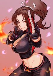  black_gloves black_jacket black_pants breasts brown_eyes brown_hair cleavage cowboy_shot cropped_jacket embers falling_petals fatal_fury fatal_fury:_city_of_the_wolves female fighting_stance fire gloves gradient_background groin hair_ornament hand_fan high_ponytail highres holding holding_fan jacket large_breasts long_hair long_sleeves looking_at_viewer midriff narrow_waist navel ninja official_alternate_costume pants parted_lips petals pink_lips pink_petals shiranui_mai solo toastitos toned_female 