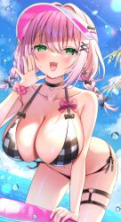  bare_shoulders bent_over bikini black_choker blue_sky blush braid breasts choker female green_eyes hair_between_eyes hair_ornament highres innertube large_breasts miwa_uni navel open_mouth original pink_hair pink_nails plaid_bikini plaid_clothes scrunchie sky smile solo swim_ring swimsuit thigh_strap twin_braids visor_cap wading wrist_scrunchie x_hair_ornament 