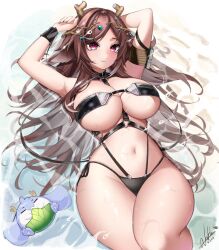  absurdres bikini black_bikini black_nails breasts brown_hair cleavage closed_mouth cosplay dated dragon_girl dragon_horns female fingernails goddess_of_victory:_nikke highres horns indie_virtual_youtuber long_hair lying mole mole_under_mouth natch_imaycz navel on_back pink_eyes rosanna_(nikke) rosanna_(nikke)_(cosplay) sharp_fingernails side-tie_bikini_bottom signature sugi_aoki swimsuit virtual_youtuber wet 