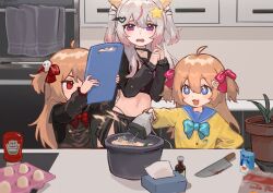  3girls :3 :d absurdres ahoge animal_ear_fluff animal_ears annytf black_cardigan black_choker black_panties black_skirt blue_eyes bow bowl bowtie brand_name_imitation brown_hair cardigan choker commentary commission cooking cropped_shirt cutting_board egg egg_carton english_commentary evil_neuro-sama fiansand fox_ears fox_girl fox_tail glass_bottle hair_ornament hair_ribbon hairbow heart heinz highleg highleg_panties highres indie_virtual_youtuber indoors ketchup ketchup_bottle kitchen long_hair long_sleeves mixer_(cooking) multiple_girls navel neuro-sama panties plant potted_plant red_bow red_eyes red_ribbon ribbon sailor_collar school_uniform skirt skull_hair_ornament smile star_(symbol) star_hair_ornament stomach tail tissue_box towel two_side_up underwear virtual_youtuber yellow_cardigan 