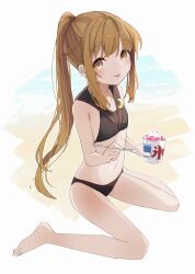  adapted_costume bikini black_bikini black_sailor_collar brown_eyes brown_hair crescent crescent_pin female flat_chest food full_body fumizuki_(kancolle) kantai_collection long_hair one-hour_drawing_challenge ponytail sailor_bikini sailor_collar shaved_ice sidelocks sitting solo spoon swimsuit tongue tongue_out wariza yamashichi_(mtseven) 