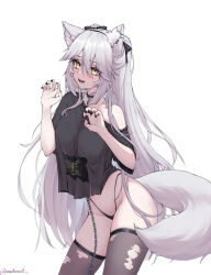  animal_ear_fluff animal_ear_piercing animal_ears bella_(vtuber) black_nails black_ribbon black_shirt black_thighhighs blush bow chains choker cowboy_shot cropped_legs double-parted_bangs fangs female grey_hair groin hair_between_eyes hair_ribbon hairbow highleg highleg_panties highres indie_virtual_youtuber leg_grab long_hair looking_at_viewer michoart mole mole_on_thigh mole_under_mouth off-shoulder_shirt off_shoulder open_mouth panties paw_pose ribbon shirt short_sleeves simple_background solo spiked_choker spikes tail thighhighs thighs torn_clothes torn_thighhighs twitter_username underwear virtual_youtuber white_background yellow_eyes 