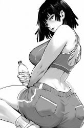  artist_name ass bottle breasts crop_top earrings female fubuki_(one-punch_man) greyscale holding holding_bottle jewelry large_breasts midriff miss_faves monochrome one-punch_man shoes short_hair shorts simple_background sneakers solo water_bottle white_background 