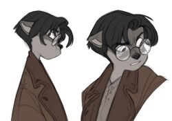  ambiguous_species anthro black_hair black_snout clothing coat eyebrows eyewear felid female fur glasses grey_body grey_fur hair hi_res humanoid_pointy_ears looking_aside mammal marcie_montis mirabelle_collins short_hair simple_background solo thick_eyebrows topwear white_background 