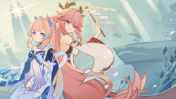  2girls absurdres animal_ears backless_outfit bare_back bare_shoulders blue_bow blue_dress blue_thighhighs bow detached_sleeves dress fox_ears genshin_impact gloves gohei highres holding holding_gohei long_hair long_sleeves looking_at_viewer multiple_girls off-shoulder_dress off_shoulder official_art pink_hair purple_eyes sangonomiya_kokomi shirt smile thighhighs translation_request very_long_hair white_gloves white_shirt wide_sleeves yae_miko 