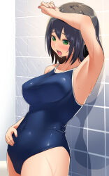  armpits black_hair blue_one-piece_swimsuit breasts competition_school_swimsuit covered_navel cowboy_shot female green_eyes highres large_breasts one-piece_swimsuit open_mouth original presenting_armpit school_swimsuit short_hair showering solo swimsuit tile_wall tiles wagemappa 