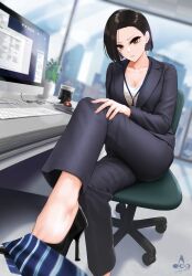  absurdres asymmetrical_hair black_footwear black_hair blue_jacket blue_pants breasts brown_eyes building chair cleavage collarbone computer_keyboard computer_mouse crossed_legs desk female high_heels highres indoors infinote jacket lanyard long_hair looking_at_viewer medium_breasts monitor nail_polish necktie office office_chair office_lady original pants plant potted_plant short_hair signature striped_necktie swivel_chair veins window yashiki_yuuko_(infinote) 