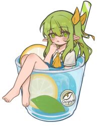  :o artist_request ascot blue_dress blush character_name crossed_legs daiyousei dress drink drinking_straw feet female food fruit green_eyes green_hair hair_ribbon ice ice_cube lemon lemon_slice no_wings partially_submerged pointy_ears ribbon shirt short_sleeves side_ponytail solo third-party_source toes touhou white_background white_shirt yellow_ascot yellow_ribbon 