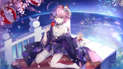  :d absurdres ahoge bandaged_leg bandages benghuai_xueyuan candy_apple cherry_blossoms female fish food fox_mask goldfish grin heterochromia highres holding holding_food honkai_(series) japanese_clothes kimono looking_at_viewer mask multicolored_hair petals pink_hair purple_eyes purple_hair purple_kimono sarashi sharp_teeth short_hair sin_mal sin_mal0909 sitting smile solo teeth two-tone_hair wariza yellow_eyes 