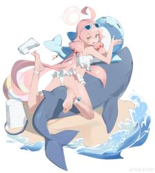  2242592427 absurdres ahoge animal_ears ass barefoot bikini blue_archive blue_eyes breasts bucket eyewear_on_head female full_body halo heterochromia highres hoshino_(blue_archive) hoshino_(swimsuit)_(blue_archive) inflatable_toy inflatable_whale long_hair open_mouth sandals shark small_breasts solo swimsuit twintails unworn_sandals very_long_hair white_bikini yellow_eyes 