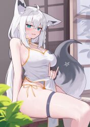  \m/ absurdres alternate_costume animal_ears bare_shoulders breasts chinese_clothes cleavage cleavage_cutout clothes_lift clothing_cutout commentary_request deaver extra_ears female fox_ears fox_girl fox_tail gold_panties gold_trim highres hololive large_breasts looking_at_viewer on_table panties paw_print pelvic_curtain pelvic_curtain_lift pentagram shirakami_fubuki side-tie_panties sitting solo table tail thick_thighs thigh_strap thighs underwear virtual_youtuber white_hair 