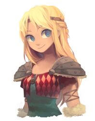  armlet armor astrid_hofferson bad_id bad_twitter_id blonde_hair blue_eyes breasts closed_mouth english_commentary female how_to_train_your_dragon how_to_train_your_dragon_3 long_hair looking_to_the_side qiinamii shoulder_armor simple_background smile solo upper_body white_background 