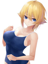  ahoge armpit_peek armpits bare_shoulders blazblue blonde_hair braid braided_ponytail breasts cleavage collarbone es_(xblaze) female hair_between_eyes hand_on_own_chest huge_ahoge kaeru_(meriruou) large_breasts one-piece_swimsuit school_swimsuit sideboob simple_background single_braid solo swimsuit upper_body white_background xblaze 