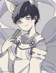  1boy animal_ear_fluff animal_ears bad_id bad_pixiv_id blush choppy_bangs closed_mouth commentary detached_sleeves fang_out greyscale hagoromo hand_up head_tilt highres himechi holding long_sleeves looking_at_viewer male_focus matsuno_ichimatsu messy_hair monochrome oerba_yun_fang osomatsu-san osomatsu_(series) shawl short_hair smile solo spot_color tassel twitter_username upper_body wide_sleeves 