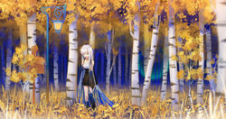  arrow_(symbol) asymmetrical_legwear bare_shoulders birch_tree black_gloves black_legwear black_skirt blue_eyes blue_gloves blue_hair blue_thighhighs chinese_commentary collarbone commentary_request day elbow_gloves female forest gloves gradient_gloves gradient_hair gradient_legwear hand_up highres ji_dao_ji kneehighs lamppost long_hair multicolored_hair nature open_mouth original outdoors pleated_skirt sign single_kneehigh single_sock single_thighhigh skirt socks solo standing suspender_skirt suspenders thighhighs uneven_legwear very_long_hair white_hair 