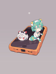  2girls bare_shoulders blade_(galaxist) blush breasts cellphone chibi commentary desktop_army elbow_gloves gloves green_eyes green_hair green_leotard grey_background grey_hair hair_between_eyes headgear leotard looking_at_viewer multiple_girls open_mouth peeking_out phone red_eyes simple_background small_breasts sylphy_(desktop_army) through_medium through_screen white_gloves wi-fi_symbol 