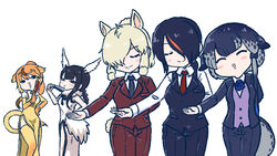  5girls ^_^ alpaca_ears alpaca_girl alpaca_suri_(kemono_friends) alpaca_tail alternate_costume animal_ears bare_shoulders bird_girl bird_tail bird_wings black-headed_ibis_(kemono_friends) black_bow black_hair black_neckwear blonde_hair blue_neckwear blush bow bracelet braid brown_jacket brown_pants butler cetacean_tail china_dress chinese_clothes circlet closed_eyes collared_shirt commentary_request dress elbow_gloves emperor_penguin_(kemono_friends) female_butler fins fish_tail folding_fan formal fur_collar gloves golden_snub-nosed_monkey_(kemono_friends) hair_bun hair_over_one_eye hair_tubes hairbow hand_fan head_wings jacket jewelry kemono_friends kotobuki_(tiny_life) long_hair long_sleeves monkey_ears monkey_girl monkey_tail multicolored_hair multiple_girls narwhal_(kemono_friends) neck_ribbon neck_ruff necktie orange_hair pants ponytail red_necktie ribbon shirt short_hair short_ponytail single_hair_bun sleeveless suit tail thighhighs twin_braids vest white_dress white_fur white_hair white_shirt wings yellow_dress yellow_gloves yellow_legwear zettai_ryouiki 