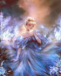  bare_shoulders blonde_hair blue_dress blue_eyes blue_headband blunt_bangs bug butterfly cattail cinderella cinderella_(disney) commentary corset dress english_commentary female finger_to_mouth flower formal full_body gloves gown grass hair_bun headband off-shoulder_dress off_shoulder plant procreate_(medium) puffy_dress rose roytheart single_hair_bun solo white_butterfly white_gloves 