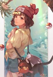  alolan_exeggutor bad_id bad_twitter_id bag beanie brown_eyes brown_hair closed_mouth commentary eyelashes female floral_print green_shorts hands_up hat highres holding_strap litten looking_to_the_side poke_ball poke_ball_(basic) pokemon pokemon_(creature) pokemon_sm raga red_headwear selene_(pokemon) shirt short_shorts short_sleeves shorts signature smile sparkle t-shirt tied_shirt twitter_username yellow_shirt 