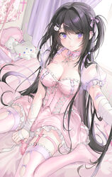  bandaged_arm bandaged_hand bandages bandaid bandaid_on_arm bandaid_on_breast between_legs black_hair blush breasts choker cleavage commentary curtains dress female frilled_choker frilled_dress frilled_pillow frilled_thighhighs frills garter_straps hair_ornament hair_ribbon hand_between_legs highres indoors long_hair looking_at_viewer medium_breasts no_shoes on_bed original pillow pink_choker pink_dress pink_lips puffy_short_sleeves puffy_sleeves purple_eyes purple_ribbon ribbon short_sleeves sitting solo symbol-only_commentary thighhighs two_side_up unxi very_long_hair violeta_(unxi) wariza x_hair_ornament 