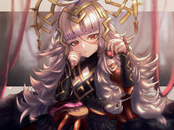  :t candy chocolate closed_mouth crown feh_xeri female fire_emblem fire_emblem_heroes food grey_hair hair_ornament heart heart-shaped_chocolate highres holding long_hair pout red_eyes solo valentine veronica_(fire_emblem) 