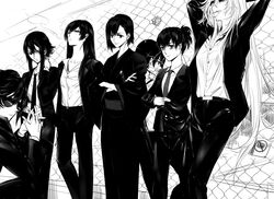  6+girls alpha.e aragaki_nagisa arms_behind_head ball business_suit character_request chikage_yamoto cigarette closed_mouth collarbone commentary_request connie_christensen crossed_arms formal glasses greyscale hair_between_eyes hand_on_own_neck hand_to_own_mouth hanebado! hanesaki_ayano hanesaki_uchika highres interlocked_fingers jacket japanese_clothes kimono leaning_on_object long_hair looking_at_viewer monochrome multiple_girls necktie pants shirt shiwahime_yuika short_hair sidelocks sitting standing suit sword tennis_ball tomboy weapon 