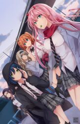  5girls aqua_eyes blazer blue_eyes blue_hair bow bowtie breasts closed_mouth cloud collared_shirt commentary darling_in_the_franxx glasses green_eyes hair_ornament hairband hairclip hood hood_up hoodie horns ichigo_(darling_in_the_franxx) ikuno_(darling_in_the_franxx) jacket k-rumi kokoro_(darling_in_the_franxx) long_hair long_sleeves looking_at_viewer medium_breasts miku_(darling_in_the_franxx) multiple_girls necktie open_clothes open_collar orange_hair outdoors pink_hair pleated_skirt purple_hair red_scarf scarf school_uniform serafuku shirt short_hair skirt sky smile twintails zero_two_(darling_in_the_franxx) 