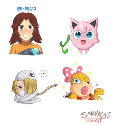  4girls blush brown_hair commentary english_commentary highres jigglypuff long_hair mario_(series) mii_(nintendo) mii_gunner mii_gunner_(smash_4) multiple_girls open_mouth pokemon pokemon_(creature) pokemon_(game) reverse_trap sarukaiwolf sheik short_hair smile super_smash_bros. surcoat sweat the_legend_of_zelda the_legend_of_zelda:_ocarina_of_time the_legend_of_zelda:_twilight_princess turban wendy_o._koopa 