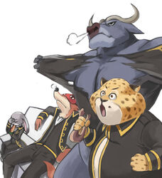  3boys :o alternate_costume animal bei_ju_luoxuan_wan benjamin_clawhauser black_jacket black_pants buffalo carrot cheetah chief_bogo clenched_hands closed_mouth commentary_request cosplay doughnut facepalm female food fox furry gaijin_4koma_(meme) gintama hand_on_own_face heavy_breathing hijikata_toushirou hijikata_toushirou_(cosplay) holding holding_food jacket judy_hopps kondou_isao kondou_isao_(cosplay) leaning_back long_sleeves meme mouth_hold multiple_boys nick_wilde okita_sougo okita_sougo_(cosplay) open_mouth pants photoshop_(medium) rabbit shinsengumi_(gintama) shirt simple_background sitting sleep_mask three_quarter_view torn_clothes torn_shirt white_background yamazaki_sagaru yamazaki_sagaru_(cosplay) zootopia 