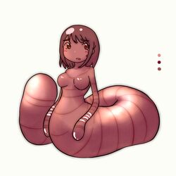  1:1 animal_humanoid annelid annelid_humanoid blush breasts brown_eyes brown_hair earthworm earthworm_humanoid featureless_breasts female glistening glistening_body hair humanoid humanoid_face izumi_(artist) monster_girl_(genre) noodly_appendage open_mouth serpentine simple_background solo tail thick_tail uniped white_background worm worm_humanoid 