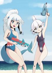  2girls absurdres adapted_costume alternate_hairstyle azur_lane blue_hair commentary_request covered_navel crossover fins fish_tail gawr_gura gawr_gura_(1st_costume) grey_eyes grey_hair highres hololive hololive_english multicolored_hair multiple_girls ocean one-piece_swimsuit open_mouth outdoors panzsan ponytail shark_girl shark_tail sharp_teeth smile streaked_hair super_soaker swimsuit tail teeth twitter_username two-tone_hair two_side_up u-110_(azur_lane) virtual_youtuber water_gun 