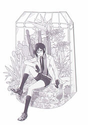  1boy cactus feline glasses gloves greenhouse highres kneehighs lab_coat male_focus monochrome short_hair sitting socks solo suspenders touken_ranbu yagen_toushirou yway1101 