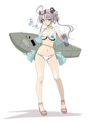  absurdres ahoge aircraft airplane akitsushima_(kancolle) akitsushima_(swimsuit_mode)_(kancolle) bikini bottle breasts commentary_request female flying_boat full_body grey_hair h8k highres kantai_collection large_breasts long_hair looking_at_viewer nishikitaitei-chan purple_eyes purple_hair sandals shadow side_ponytail swimsuit tada_(tactical_tada) water_bottle white_background white_bikini 