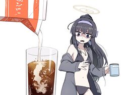  bags_under_eyes bikini black_bikini black_hair blue_archive blue_eyes blue_hairband blue_ribbon cardigan coffee crossed_bangs cup disgust female glass grey_cardigan hair_between_eyes hair_ribbon hairband halo high_ponytail highres holding holding_cup ice iced_coffee jewelry jitome johnnyama long_hair milk milk_carton mug navel necklace o-ring o-ring_bikini o-ring_top off_shoulder official_alternate_costume open_mouth pouring ribbon shaded_face simple_background solo standing stomach surprised swimsuit teeth ui_(blue_archive) ui_(swimsuit)_(blue_archive) very_long_hair white_background 