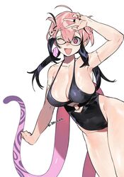  ;d ahoge black-framed_eyewear black_hair black_one-piece_swimsuit breasts casual_one-piece_swimsuit cleavage collarbone commentary_request copyright_request covered_navel female glasses hair_between_eyes highleg highleg_swimsuit highres ierotak jewelry laevatein_(touhou) long_hair looking_at_viewer multicolored_hair multiple_tails o-ring o-ring_swimsuit oerba_yun_fang one-piece_swimsuit one_eye_closed pink_eyes pink_hair ring round_eyewear simple_background smile standing swimsuit tail thighs twitter_username two-tone_hair v white_background 