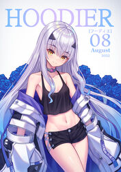  breasts brown_eyes contemporary cross-laced_clothes cross-laced_shorts cross-laced_slit fate/grand_order fate_(series) female forked_eyebrows highres hoodier long_hair looking_at_viewer melusine_(fate) navel short_shorts shorts sidelocks small_breasts solo thighs white_hair zipper_sleeves 