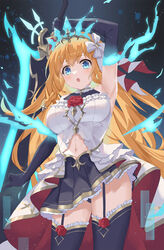  :o arm_up armpits black_panties black_skirt black_thighhighs blonde_hair blue_eyes blue_fire blue_gloves blush breasts clothing_cutout cowboy_shot dress elbow_gloves female fire flower front_slit garter_straps gloves gold_trim hair_between_eyes highres holding holding_sword holding_weapon large_breasts light_particles long_dress long_hair looking_at_viewer navel open_mouth panties pantyshot pecorine_(overload)_(princess_connect!) pecorine_(princess_connect!) pleated_skirt princess_connect! red_flower red_rose rose serika skirt solo standing sword thighhighs thighs tiara underwear weapon white_dress 