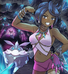  aqua_gemstone aqua_nails bangle bare_arms bare_shoulders bead_necklace beads black_eyes black_hair bracelet breasts bright_pupils carbink cave_interior cleavage clenched_hand commentary_request crop_top crystal dark-skinned_female dark_skin diamond_(gemstone) diamond_(shape) diamond_earrings diancie earrings female flexing gem grin halter_shirt halterneck hand_on_own_hip highres jewelry midriff nail_polish navel neck_ring necklace olivia_(pokemon) pink_gemstone pink_lips pink_shirt pokemon pokemon_(creature) pokemon_sm pose purple_shorts shirt short_hair short_shorts shorts sideboob sleeveless sleeveless_shirt smile swept_bangs teeth thighlet urin_(littleurin) 