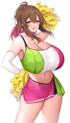  :d absurdres arm_behind_back blush breasts brown_hair cheerleader cleavage cowboy_shot crop_top elbow_gloves female gloves green_eyes highres holding holding_pom_poms huge_breasts looking_at_viewer medium_hair midriff miniskirt multicolored_hair multicolored_sports_bra navel open_mouth original pink_hair pom_pom_(cheerleading) simple_background skirt smile solo sports_bra suruga_(xsurugax) thighs white_background 