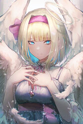  absurdres adapted_costume alice_margatroid angel_wings blonde_hair blue_eyes blunt_bangs blurry blurry_foreground bow breasts closed_mouth commentary_request depth_of_field falling_feathers feathered_wings feathers female fuunyon hair_intakes hairband hairbow halo hands_on_own_chest hands_up highres jewelry light_blush light_smile medium_breasts moire neck_ribbon necklace purple_bow purple_hairband purple_ribbon red_sash ribbon ring sash short_hair simple_background slit_pupils solo sparkle touhou upper_body white_background wings 