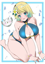  alternate_breast_size aqua_bikini bikini bird blonde_hair blue_bikini blue_eyes bracelet breasts commentary criss-cross_halter earrings fe135700 feh_(fire_emblem_heroes) female fire_emblem fire_emblem_heroes fjorm_(fire_emblem) fjorm_(summer)_(fire_emblem) flower green_hair hair_flower hair_ornament halterneck highres jewelry kneeling large_breasts looking_at_viewer official_alternate_costume open_mouth owl short_hair smile swimsuit 