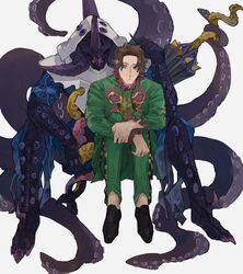  1boy bad_id bad_pixiv_id bbbb_fex daiouika_deadman deadmen_(kamen_rider_revice) eldritch_abomination full_body giant_squid gifftex goat green_eyes green_jacket green_pants highres holding holding_weapon jacket kamen_rider kamen_rider_revice male_focus mexican_clothes monster monster_boy olteca_(kamen_rider_revice) pants paranegro red_eyes sitting squid sword tentacle umbrella weapon white_background 