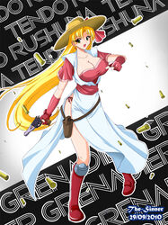  :d artist_name blonde_hair breasts cleavage copyright_name dated dress female full_body gloves grenadier_(manga) gun hat holding holding_gun holding_weapon holster large_breasts long_hair open_mouth photoshop_(medium) pink_gloves red_footwear shell_casing smile solo standing tendou_rushuna the-sinner weapon yellow_eyes 