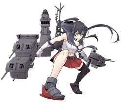  anchor_symbol black_hair breasts cleavage female gloves hair_between_eyes holding kantai_collection large_breasts long_hair navel open_mouth perspective pleated_skirt ponytail red_eyes red_skirt rigging rindou_(rindou_annon) rudder_footwear sailor_collar school_uniform serafuku sidelocks simple_background skirt sleeveless solo white_background white_gloves yahagi_(kancolle) 