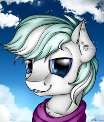  2015 absurd_res blue_eyes bust_portrait double_diamond_(mlp) ear_piercing earth_pony equid equine feral friendship_is_magic fur hair hasbro hi_res horse male mammal multicolored_hair my_little_pony neko-me piercing pony portrait scarf smile solo two_tone_hair white_body white_fur 