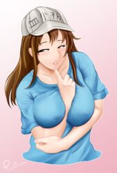  alternative_bust_size blue_shirt blush brown_eyes brown_hair crossed_arms eyebrows_visible_through_hair female female finger_to_mouth grown_up hat hataraku_saibou high_resolution large_filesize open_mouth picantium platelet_(hataraku_saibou) shirt short_sleeves smile solo upper_body very_high_resolution white_hat white_headwear 